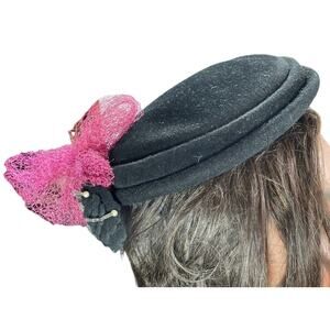 Vintage Black Velour Rose Colored Net Womens Pill box Hat Costume Prop Antique